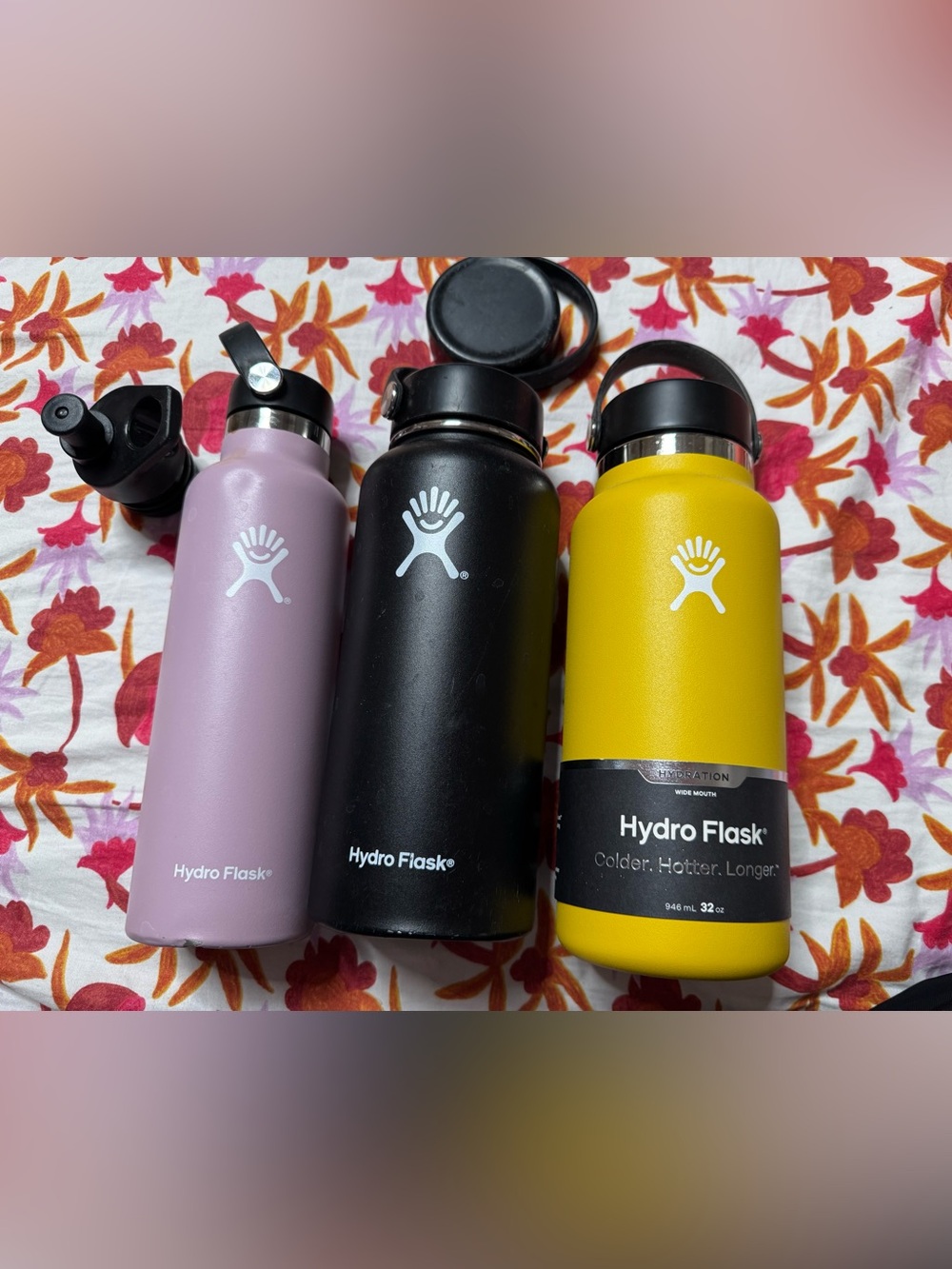 Hydro Flask Yellow “Sunflower”, Black, and Lavender Stainless Steel